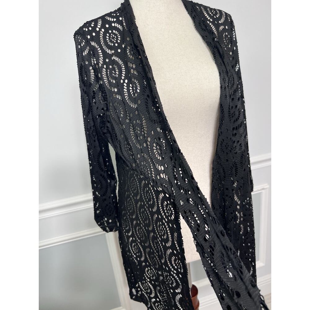 CATALINA (XL) Black Open Lace Swimsuit Beach-Pool-Cover Up-Tie-Knit Kimono-Sheer - Picture 5 of 16